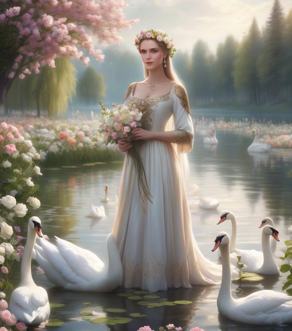  a woman in a medieval dress with a flower crown stands by a serene lake with swans and blooming flowers. beautiful woman in a serene lake, renesians portrait with beautiful flowers and nature around the lake.