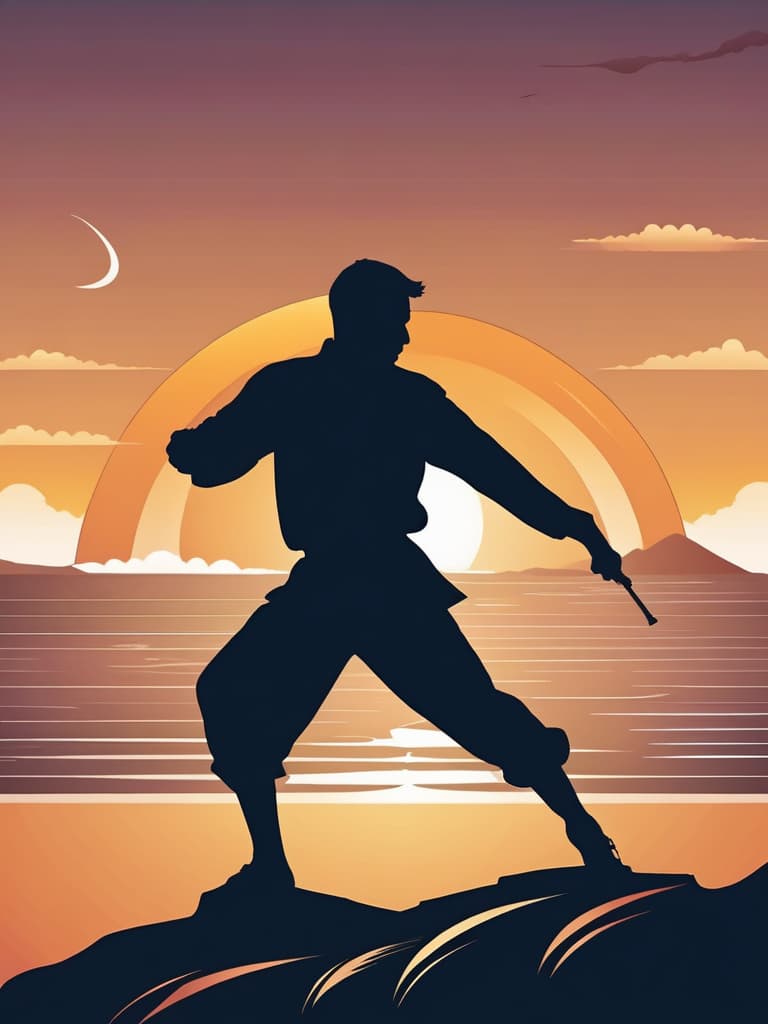  Close up of the silhouette of a man doing Thai Chi on a cliff overlooking the ocean with a sunrise in the background. RAW, realistic