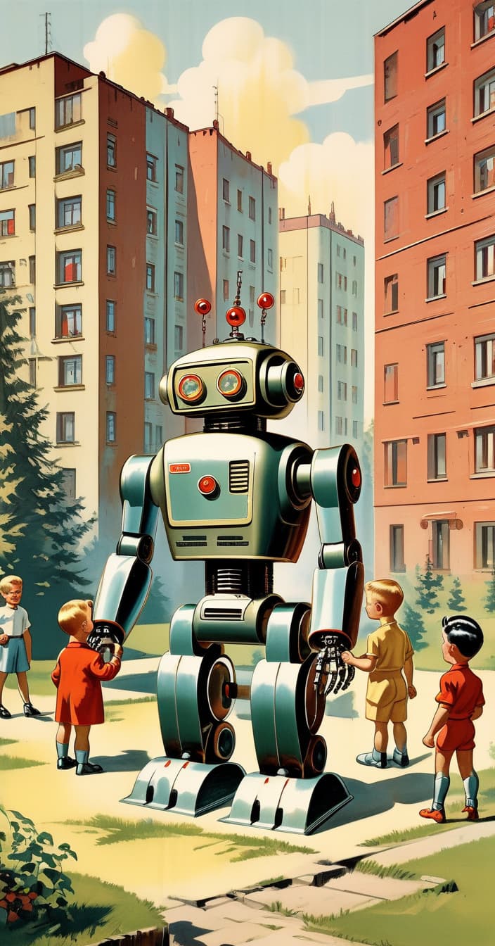  high detail, high quality, soviet retrofuturism, retro, 1950, ussr, yard among five storey houses, three boys, standing around a small robot, one robot, robot made of iron, summer, sun, park in the background, vintage