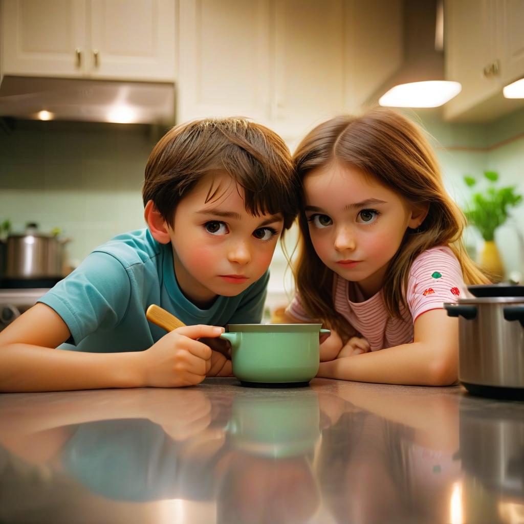  cinematic photo realistic photo. boy and girl. kitchen table. rite. pot. . 35mm photograph, film, bokeh, professional, 4k, highly detailed, perfecteyes, film photography style