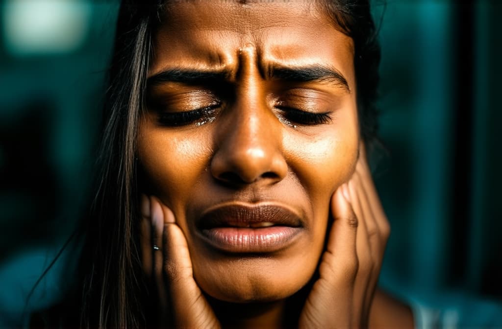  young sad indian woman crying with tears streaming down her cheeks. emotional breakdown, closed eyes and closed mouth ar 3:2, (natural skin texture), highly detailed face, depth of field, hyperrealism, soft light, muted colors