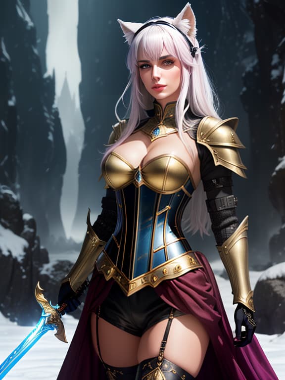  surreal, unearthly, dreamy, mysterious, fantasy, highly detailed, is lazuli, 1 young , alone, looking at the viewer, blush, bangs, gloves, upper body, long snow white hair, hair band with cat ears, outer space, futuristic themed space, parted lips, pink eyes, (closed metal armor), (leather corset), hand on the sword hilt, shoulder metal armor, plate metal , golden sheen of armor, it is enveloped by a light and warm aura, modeling style,(extremely detailed cg unity 8k wallpaper), professional majestic oil painting by ed blinky, ati gailan, studio ghibli, jeremy mann, greg manchess, antonio moro, trends on artstation, trends on cgsociety, complex, high detail, sharp focus, dramatic, photorealistic painting by midjorni and gr hyperrealistic, full body, detailed clothing, highly detailed, cinematic lighting, stunningly beautiful, intricate, sharp focus, f/1. 8, 85mm, (centered image composition), (professionally color graded), ((bright soft diffused light)), volumetric fog, trending on instagram, trending on tumblr, HDR 4K, 8K