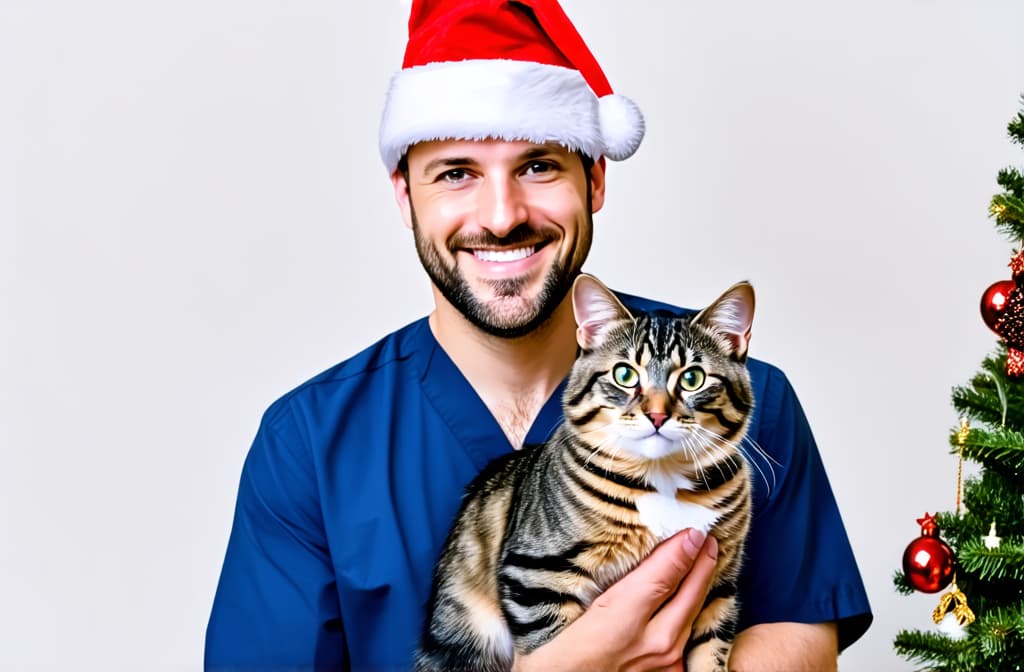  professional detailed photography, veterinarian in santa hat holding cat on right on light background, free space for text on left ar 3:2, (muted colors, dim colors, soothing tones), (vsco:0.3)