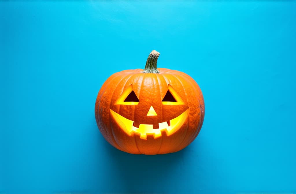  professional detailed photography, halloween pumpkin forming negative space on moody blue background ar 3:2, (muted colors, dim colors, soothing tones), (vsco:0.3)