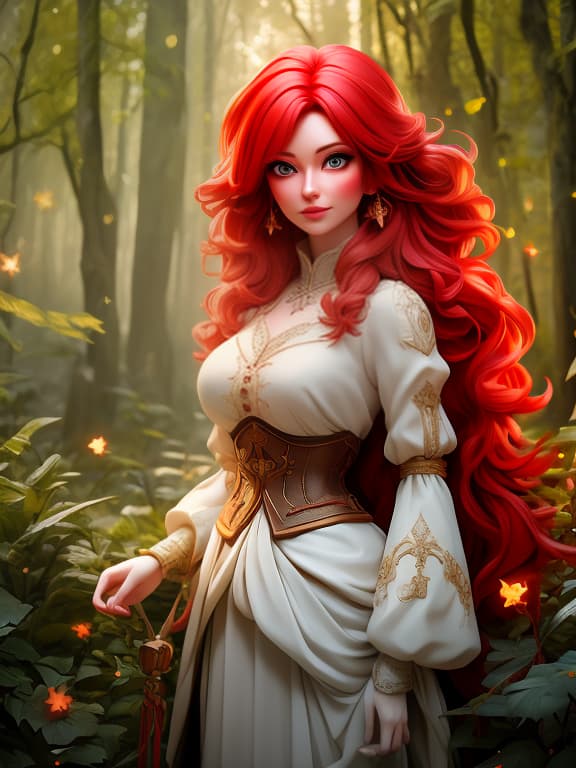  A red haired beautiful in a fairy tale forest, portrait above the waist hyperrealistic, full body, detailed clothing, highly detailed, cinematic lighting, stunningly beautiful, intricate, sharp focus, f/1. 8, 85mm, (centered image composition), (professionally color graded), ((bright soft diffused light)), volumetric fog, trending on instagram, trending on tumblr, HDR 4K, 8K