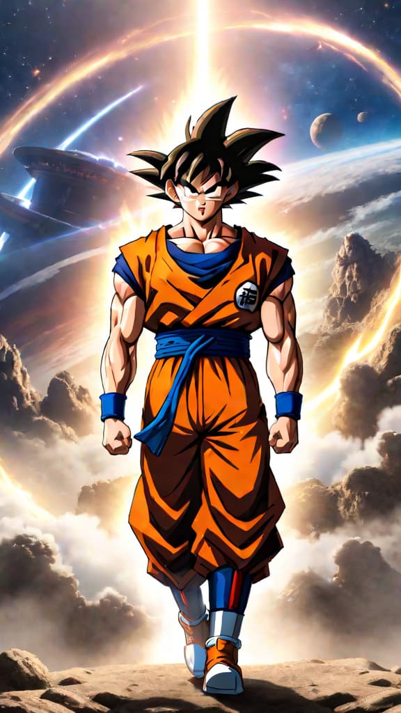  anime art of goku and universe 7 team defying expectations in the tournament of power. hyperrealistic, full body, detailed clothing, highly detailed, cinematic lighting, stunningly beautiful, intricate, sharp focus, f/1. 8, 85mm, (centered image composition), (professionally color graded), ((bright soft diffused light)), volumetric fog, trending on instagram, trending on tumblr, HDR 4K, 8K