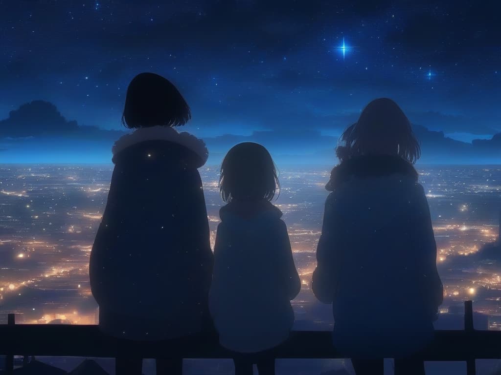  roof, starry sky, girls, dark, scenery