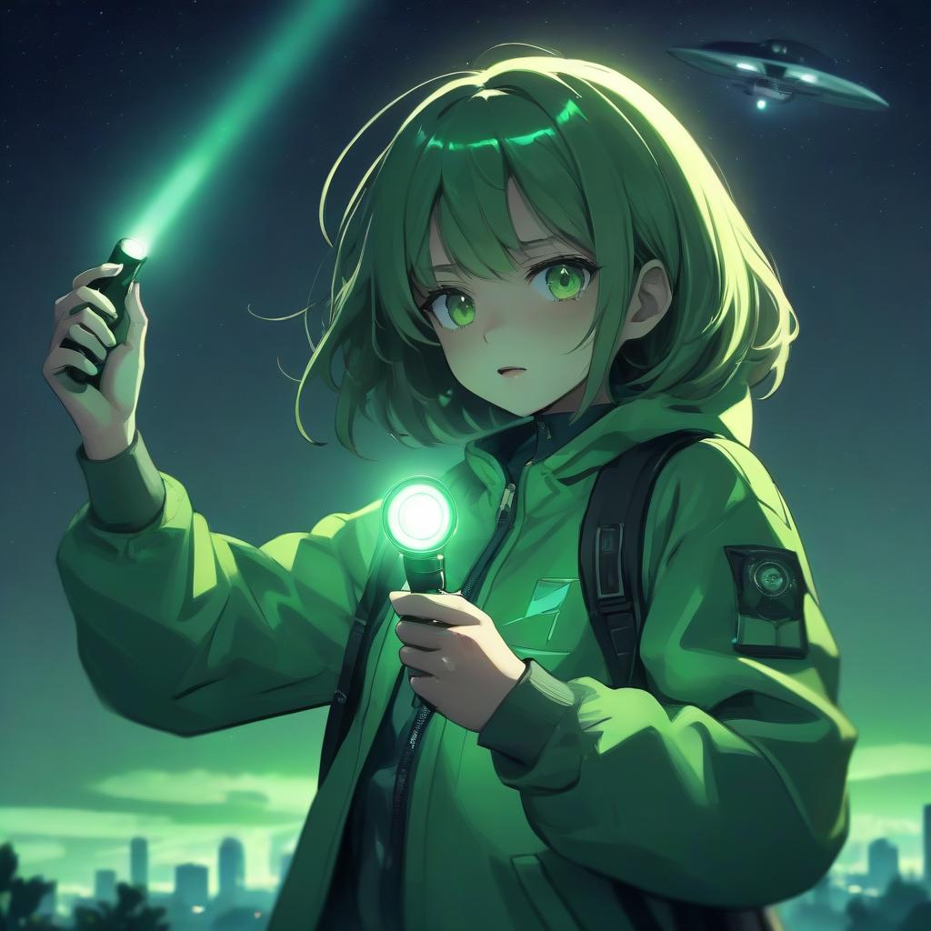  girl in anime style in a green jacket with a flashlight in her hands, green color, night, bright light, ufo in the sky