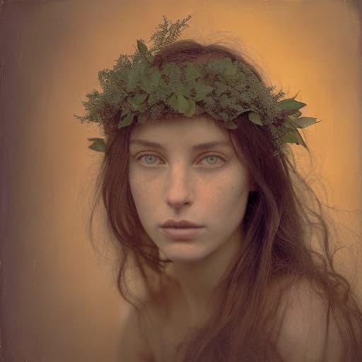 analog style Highly detailed moody dark, masterful portrait of a breathtakingly lovely, wild Witchling nymph surrounded by trailing ivy painted by John William Waterhouse and Rembrandt. She has a beguiling face and is looking down directly at the viewer. Her eyes are breathtakingly lovely and engaging. She has long, wild, unkempt dark hair. Gorgeous, highly detailed , ornate composition using the golden ratio.