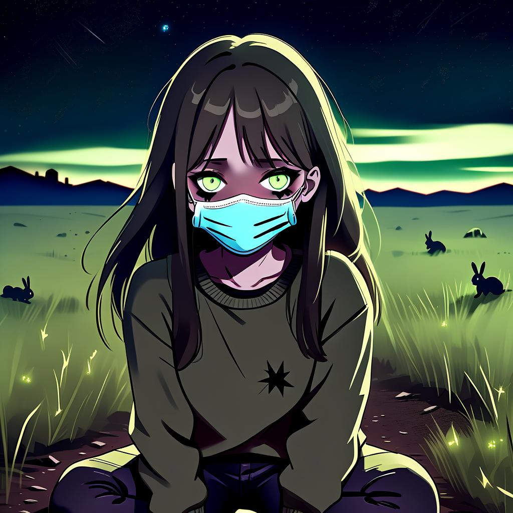  dystopian style a girl in an anime style with long dark hair stands in the middle of the field at night dressed in a khaki sweater and pants on the floor of the face mask white rabbit in blood is not visible due to the mask of one eye the second eye green. the girl looks at the starry sky at night with black lower eyelids under the eyes of a specific color full of fear of the unknown and curiosity. she pulls her hand up towards the night sky. . bleak, post apocalyptic, somber, dramatic, highly detailed