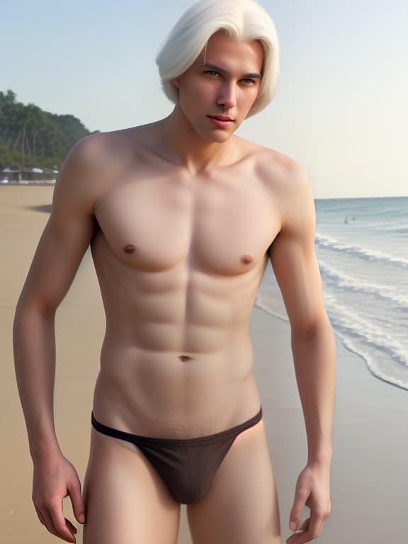  young man, tall, lean build, long legs, white hair, brown eyes, pretty face lies in the background of the beach, in front, face, thick white hair in the lower abdomen