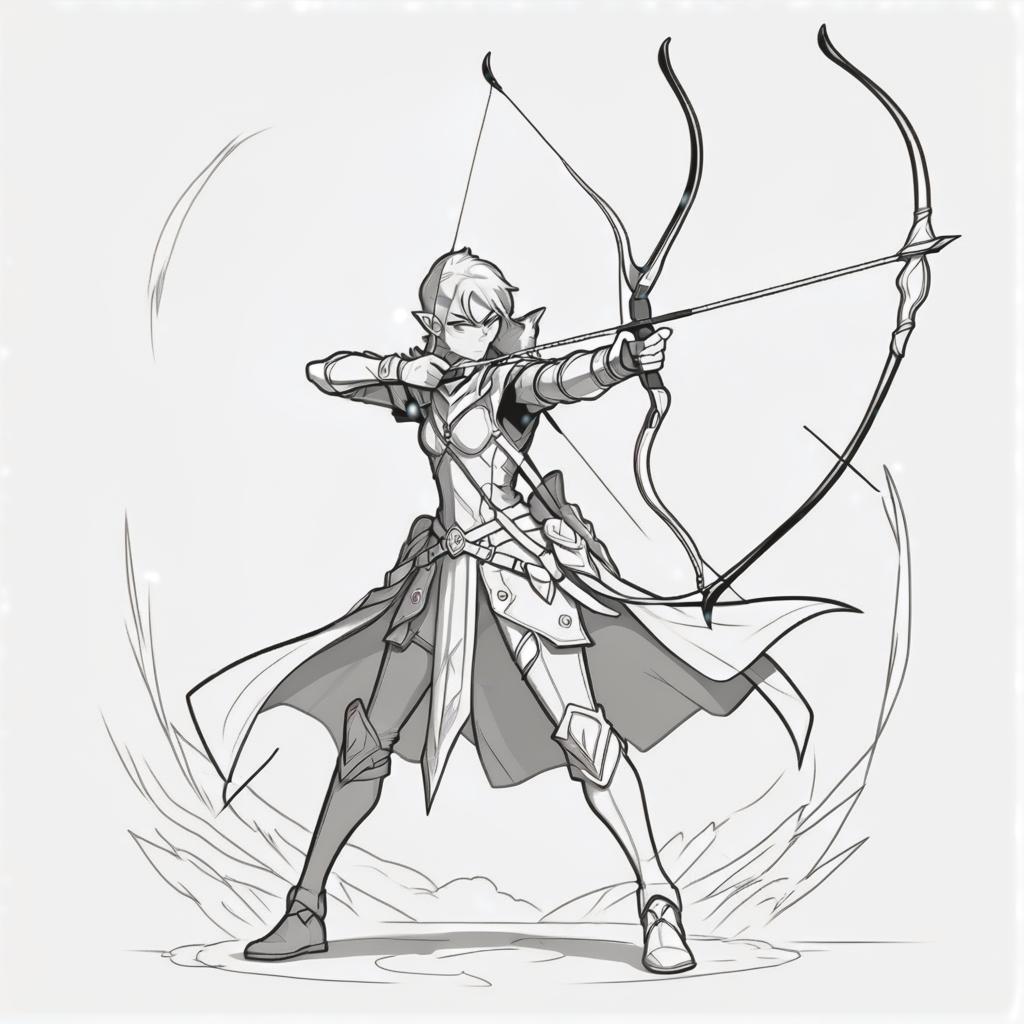  line art drawing dnd hunter wit long bow, battle stance, same nightmare. anime style . professional, sleek, modern, minimalist, graphic, line art, vector graphics