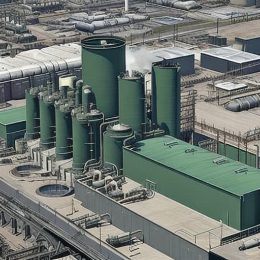  *8. Ace Chemicals Plant* Design a street view image of the downtown Gotham City (Batman) Ace Chemicals Plant's exterior, highlighting its industrial structure, smokestacks, and hazardous surroundings, greys and dark blues and green hues