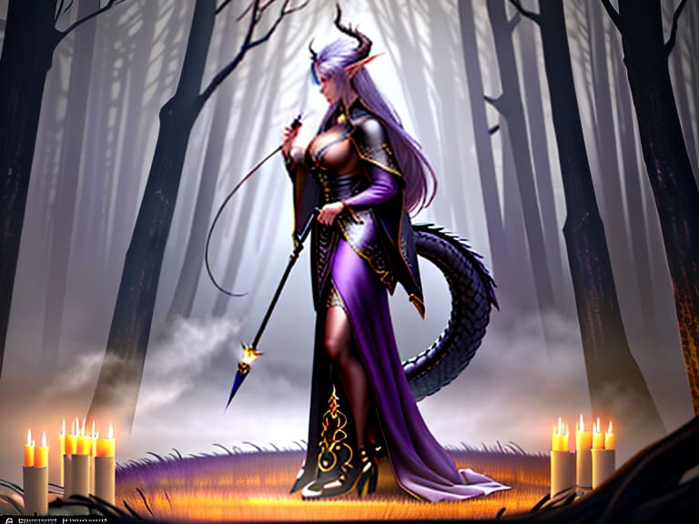  A side view, 3D, a witch with lavender hair, casting spells in a circle of demons, a forest clearing, twilight haze, a dark fantasy., magic, dragons, elves, castles, by Donato Giancola, Ruan Jia, Kekai Kotaki, Magali Villeneuve, Even Mehl Amundsen hyperrealistic, full body, detailed clothing, highly detailed, cinematic lighting, stunningly beautiful, intricate, sharp focus, f/1. 8, 85mm, (centered image composition), (professionally color graded), ((bright soft diffused light)), volumetric fog, trending on instagram, trending on tumblr, HDR 4K, 8K
