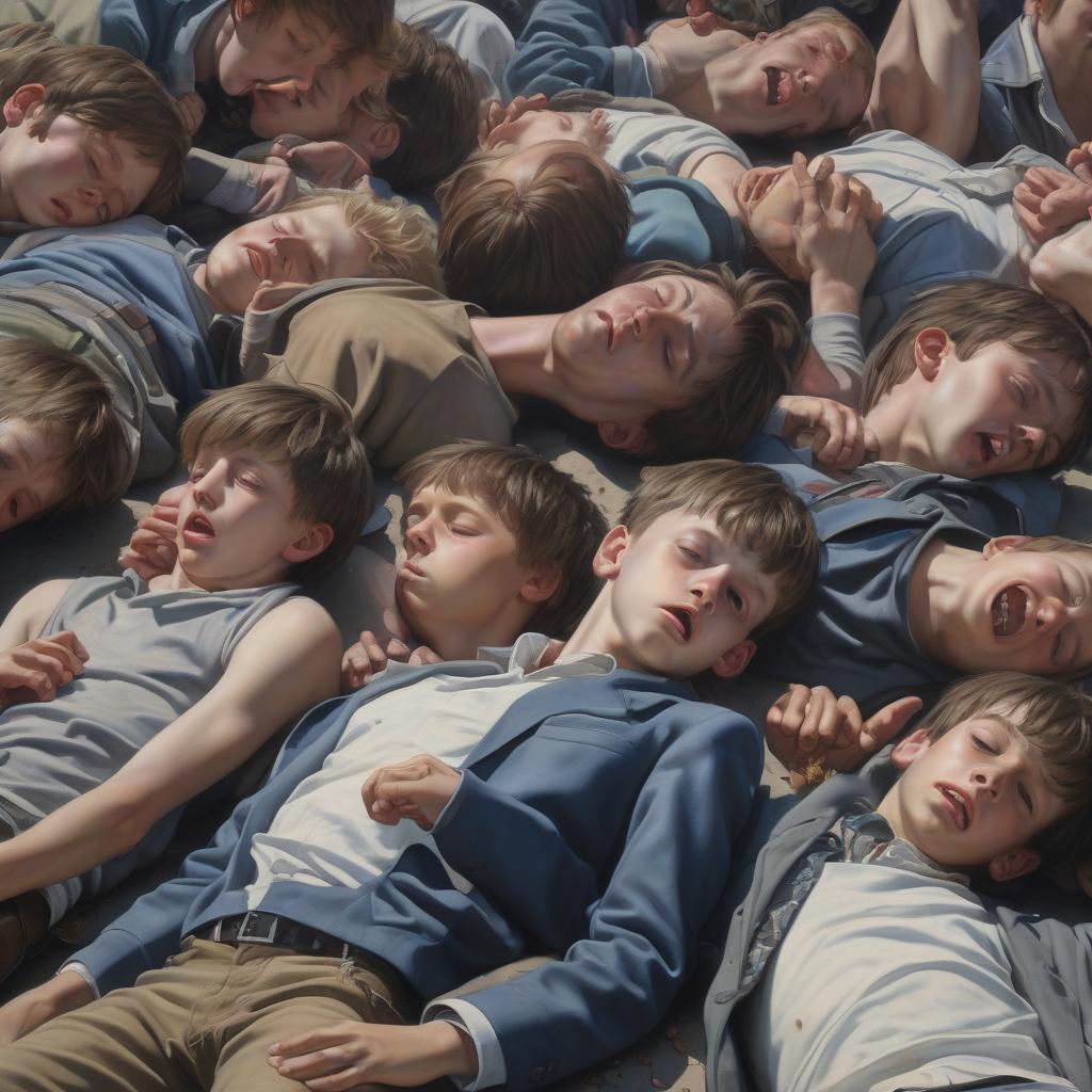  photorealism, a crowd of boys lying unconscious on the ground.