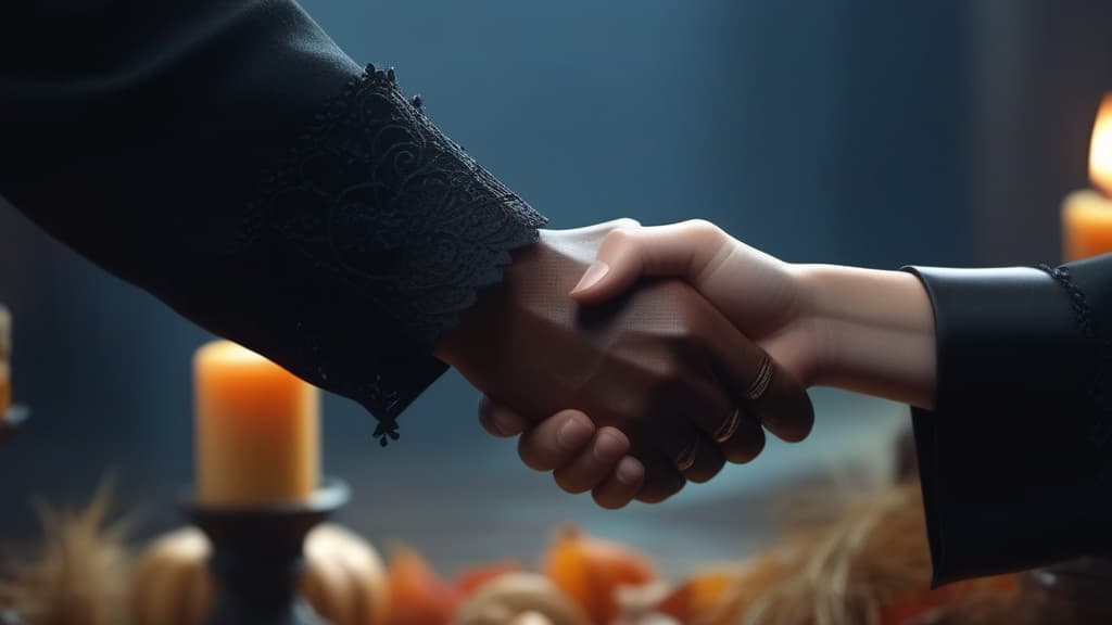  Witch handshake ar 16:9 high quality, detailed intricate insanely detailed, flattering light, RAW photo, photography, photorealistic, ultra detailed, depth of field, 8k resolution , detailed background, f1.4, sharpened focus