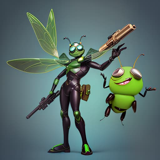  cute cartoon insect beetle character with a green body, big expressive eyes and a smile on his lips. on his head he has a huge brown helmet with goggles, giving him an adventurous look. the insect beetle stands confidently holding a blaster, he has graceful wings and long tendrils. the background is simple and bright inside the starship to emphasize the charm of the funny character with the weapon.