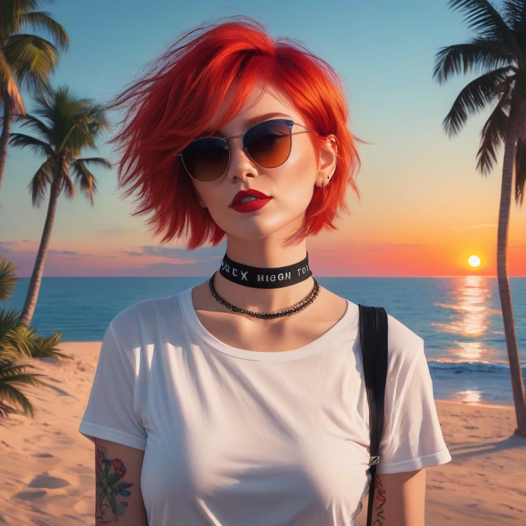  a woman with bright red hair, a short pixie haircut in sunglasses, a top top t shirt, with a choker around her neck, stands against a neon sunset. coast of the sea, shade of palm trees. digital photo. high detail. high realism.