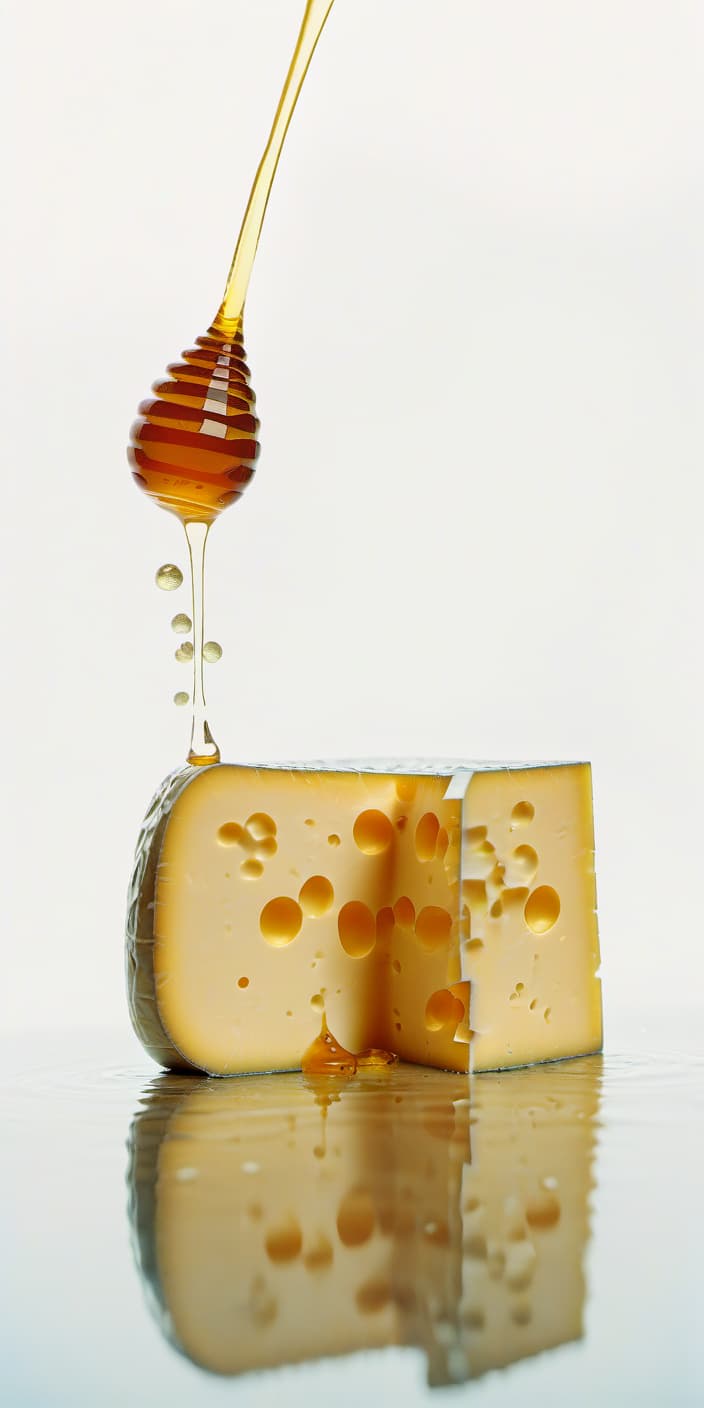  cheese watered with honey, beautiful reflection, film photography style