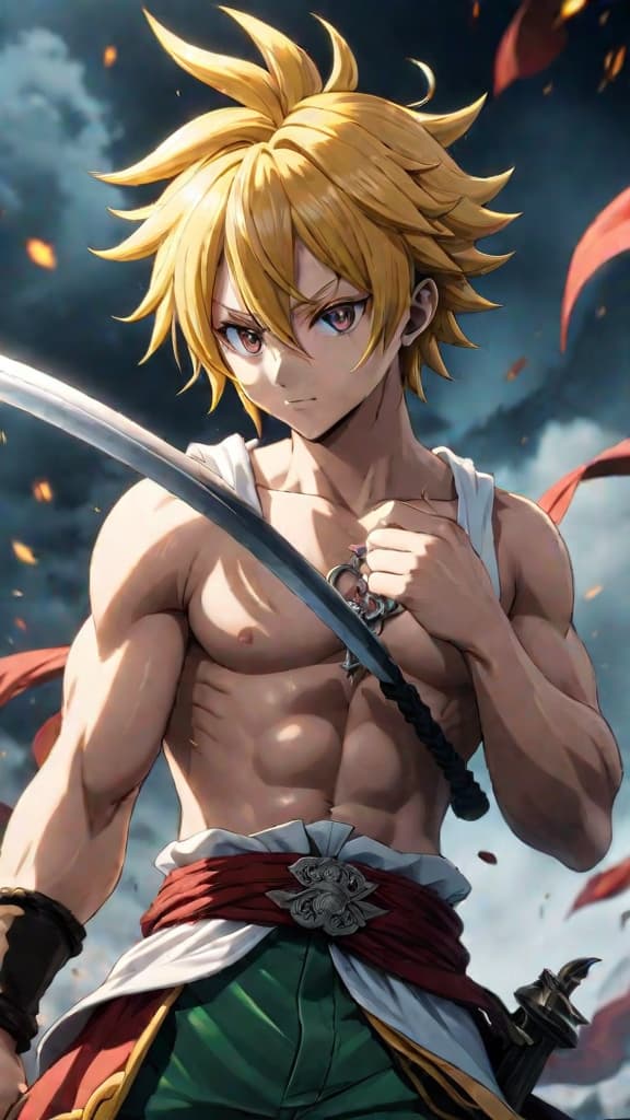  meliodas from seven deadly sins dominating in battle, full counter attack, intense power, anime art hyperrealistic, full body, detailed clothing, highly detailed, cinematic lighting, stunningly beautiful, intricate, sharp focus, f/1. 8, 85mm, (centered image composition), (professionally color graded), ((bright soft diffused light)), volumetric fog, trending on instagram, trending on tumblr, HDR 4K, 8K