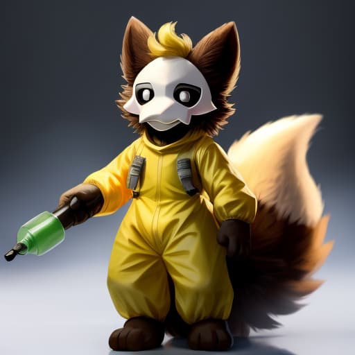  Puro, Hazmat suit, fluffy tail, holding a Flamethorwer, fluffy tail, big tail, cute, injuredfluffy body, brown fur, cute, heavy hazmat uniform, open eyes, digital art, masterpiece, 4k, fine details,