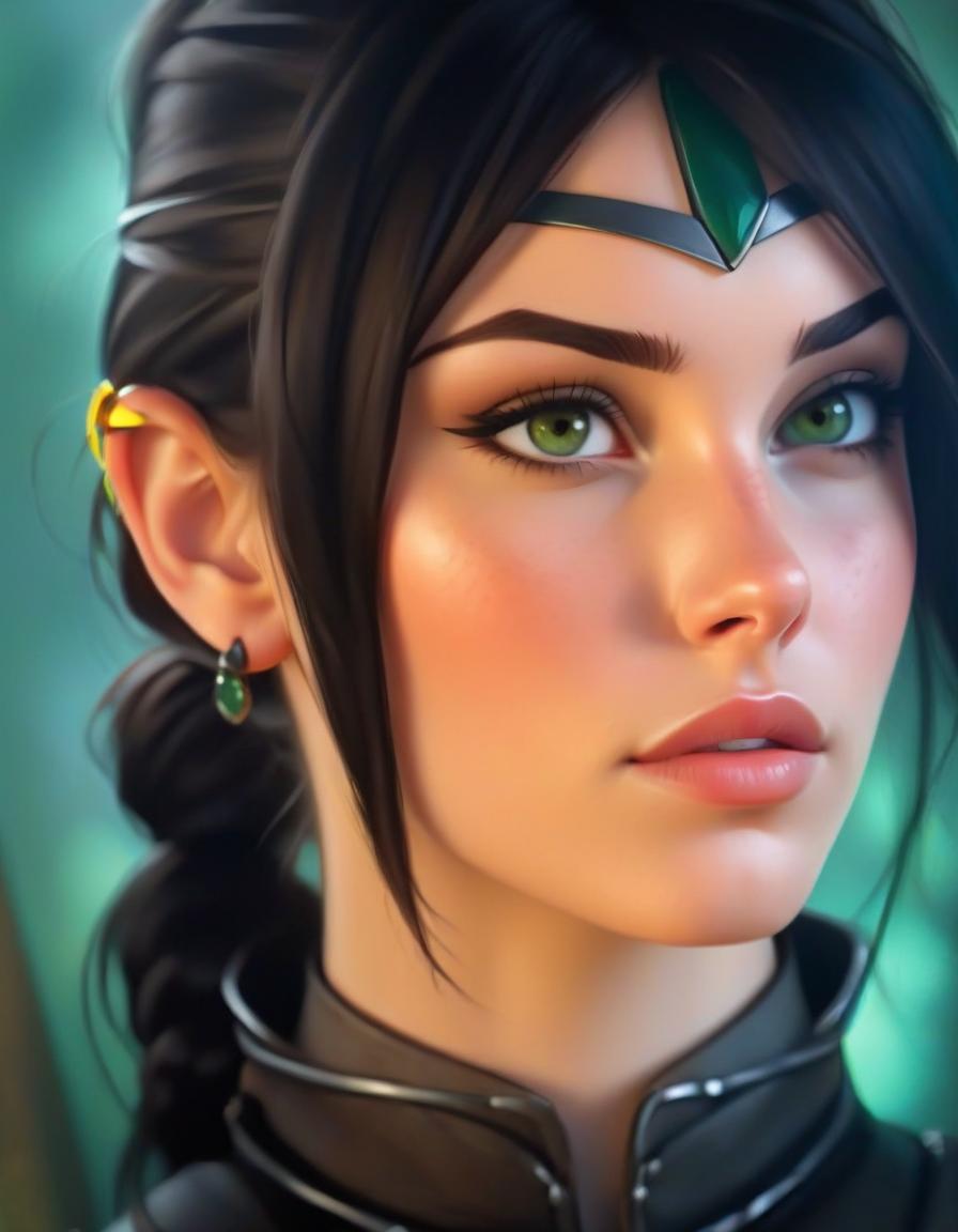  create a highly detailed portrait of a young female warrior with striking features, slender, angular face with high cheekbones and a sharp jawline, skin is fair and smooth, with a few faint scars on her left cheek, eyes are almond shaped and a deep, piercing green, giving her an intense, focused expression, gaze is serious, almost stern, reflecting her determination and inner strength, eyebrows are dark and well defined, arching slightly to add to her determined look, hair is dark brown, almost black, and is cut short, framing her face in a slightly tousled style, a small section of her hair is tied back with a thin, silver circlet adorned with a dark gemstone in the center, resting on her forehead, ears are slightly pointed, suggesting a p