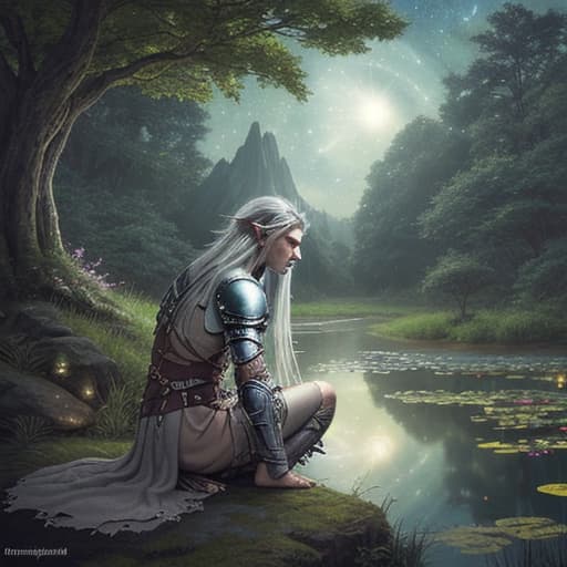  80's fantasy art, An elf druid with long silver hair, sitting alone under a starry sky, meditating deeply. He is wearing full studded leather armor, and his expression is one of intense concentration and longing. The scene around him is peaceful with a soft breeze rustling the leaves and a tranquil pond reflecting the starlight. The horizon glows faintly with the first hints of dawn, adding an ethereal quality to the scene.