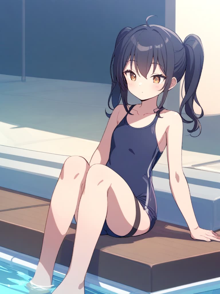  women's elementary students (male), twin tails, cute smiles, (rich s), low stature, dark blue swimwear, old swimwear, , simple (upward), male , (bulge), shaped clear , front , whole body, pool side,