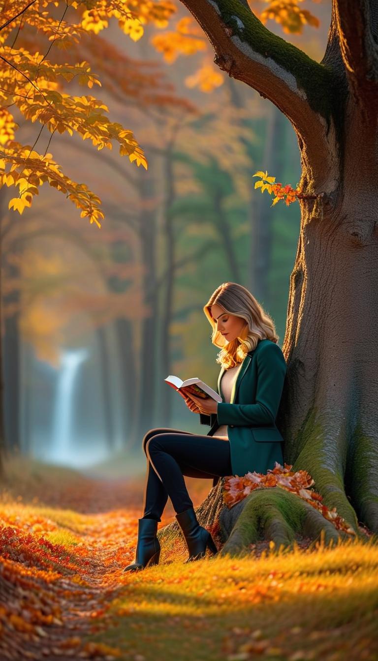  professional 3d model of autumn trees and girl against tree reading book with spiderweb above her head . rendered with octane, the model is highly detailed,dramatic lighting. hyperrealistic, full body, detailed clothing, highly detailed, cinematic lighting, stunningly beautiful, intricate, sharp focus, f/1. 8, 85mm, (centered image composition), (professionally color graded), ((bright soft diffused light)), volumetric fog, trending on instagram, trending on tumblr, HDR 4K, 8K