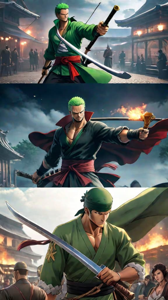  anime art: zoro's destiny intertwines with the legendary blade, unveiling hidden connections and untold powers. hyperrealistic, full body, detailed clothing, highly detailed, cinematic lighting, stunningly beautiful, intricate, sharp focus, f/1. 8, 85mm, (centered image composition), (professionally color graded), ((bright soft diffused light)), volumetric fog, trending on instagram, trending on tumblr, HDR 4K, 8K