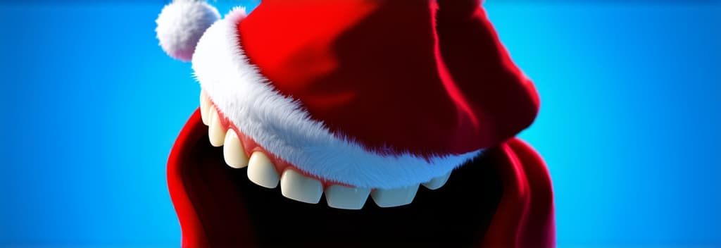  epic realistic, hyperdetailed, (cycles render:1.3), caustics, (glossy:0.58), (artstation:0.82),many white teeth against blue background, one of them in santa's hat ar 3:1