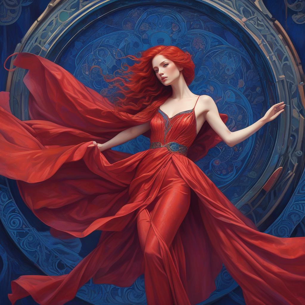  hyperrealistic art mage crimson (painting of a well endowed woman in a striking red dress), vibrant, flowing red hair, red cape draping elegantly, (deep blue psychedelic background), surreal forms and patterns intertwining, created in the style of alphonse mucha, rich color saturation, ethereal and dreamlike atmosphere, (intricate textures), visually captivating, 4k quality, poster art aesthetic. . extremely high resolution details, photographic, realism pushed to extreme, fine texture, incredibly lifelike