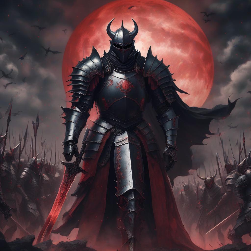  a medieval fantasy knight in demonic black armor, against a legion of demons and a red moon