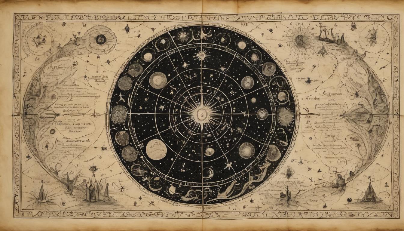  on parchment, surrealism++, intricate celestial map, glowing constellations, ink black sky, divine patterns, cosmic harmony(mysterious, provocative, symbolic)++