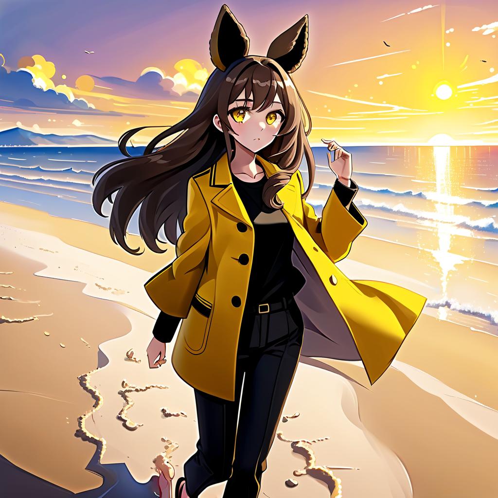  architectural style an anime style girl with anime ears walks along the beach, where soft sand extends to the horizon. she has long dark brown hair, which flies slightly in the breeze. her face, with pronounced jewish and slavic features, radiates lively energy. brown eyes are full of deep emotions, as if reflecting the vast expanses of the ocean. she has a bright yellow coat, which seems to shine, catching the eye and contrasting with the soft shades of the sunset. under her coat she wears a black shirt and black pants are decorated with yellow elements, creating a stylish and dynamic look. the sunset blooms in the sky, turning the surrounding space into a magical spectacle. the bright red rays of the sun fall on the terrain in stripes, hi