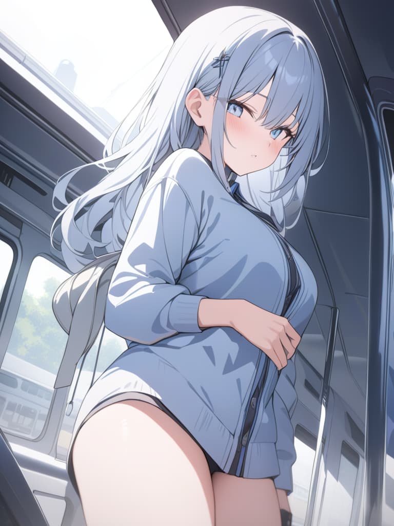  light blue, train, hair water blue, bob hair, masterpiece, best quality,8k,ultra detailed,high resolution,an extremely delicate and beautiful,hyper detail