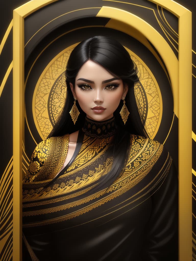  Golden yellow and sleek black color palette, captivating and inviting expression, exuding elegance and charm, magnetic beauty, intricate details, high contrast, luxurious feel, digital art, female, glossy finish, striking composition, dynamic lighting to enhance features.