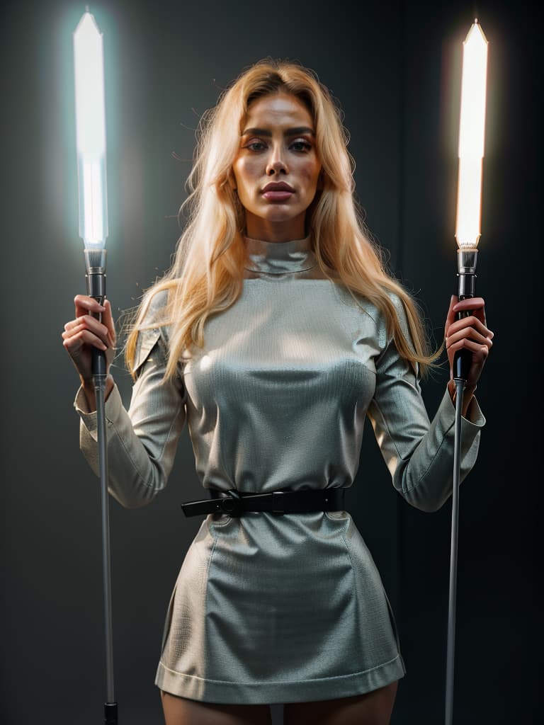  super saiyan, blonde, young and beautiful women, jedi, back standing hair, sdf like combat uniforms, whole body, lightsaber, masterpiece, best quality,8k,ultra detailed,high resolution,an extremely delicate and beautiful,hyper detail hyperrealistic, full body, detailed clothing, highly detailed, cinematic lighting, stunningly beautiful, intricate, sharp focus, f/1. 8, 85mm, (centered image composition), (professionally color graded), ((bright soft diffused light)), volumetric fog, trending on instagram, trending on tumblr, HDR 4K, 8K