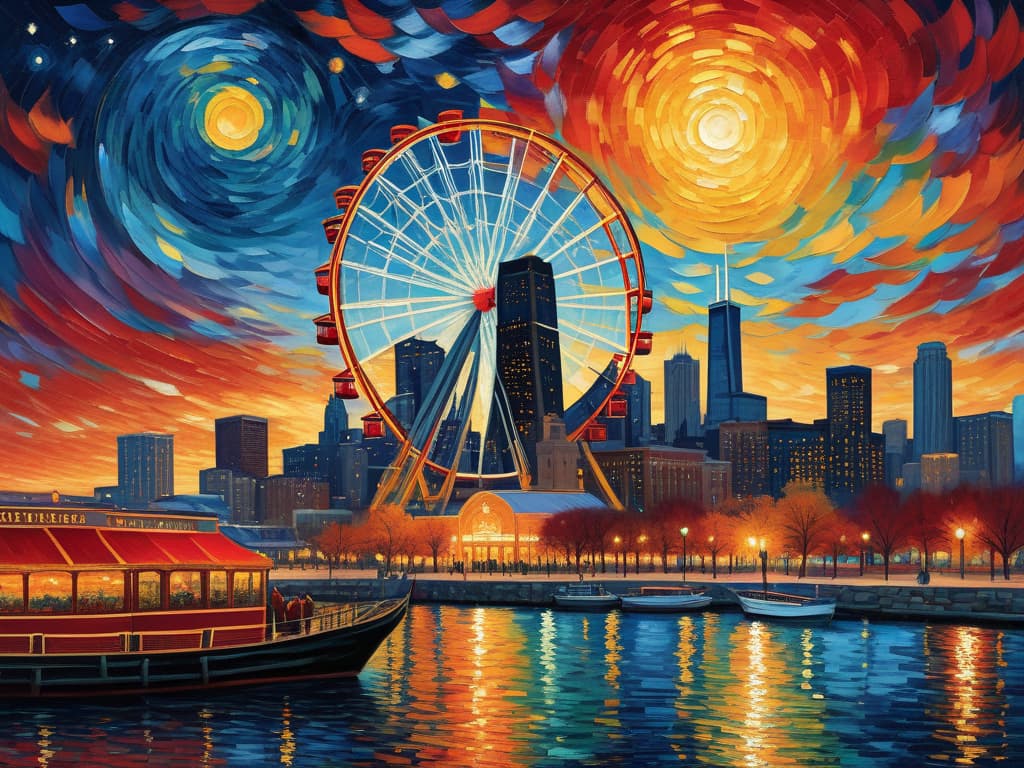  concept art chicago’s centennial ferris wheel, chicago’s navy pier, chicago skyline with prominent towers like willis, hancock, crains communication (slice building) with colorful van gogh swirls in the sky, van gogh's starry starry night with colorful red and orange swirls in the beautiful night sky, hyper realistic, chicago skyline, mesmerizing, intricate details, flambient golden and red sunrise, dramatic lighting, epic composition, wide angle, cinematic, masterpiece, high resolution, sharp details, best quality, 4k, raw photo, van gogh influence, studio lighting, impressionist, bold colors, starry sky, architectural elements, medium format lens, high angle, cityscape, city life, metropolitan, van gogh's brushstrokes, van gogh's shad