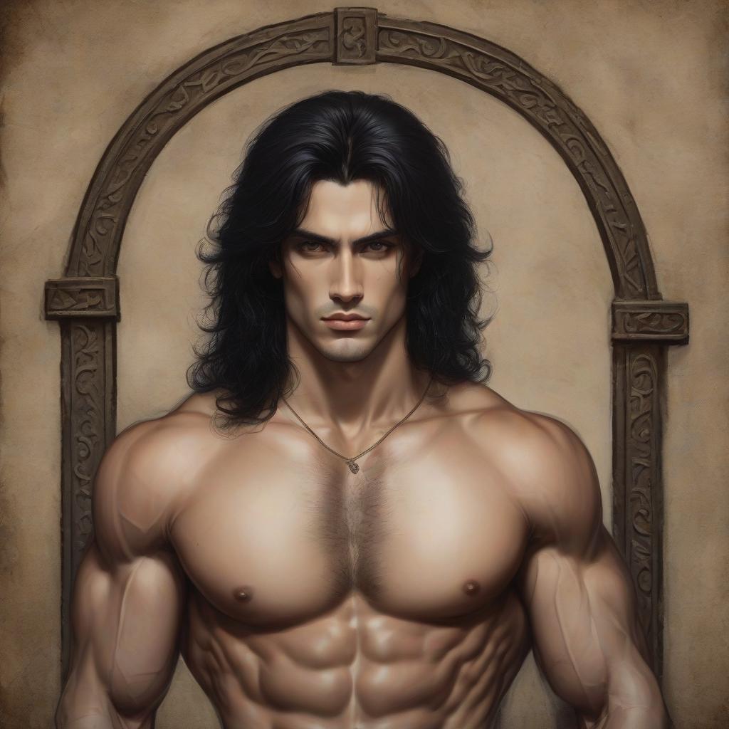  draw a guy with black hair long under a frame 19 years brown eyes light skin muscular in the medieval style