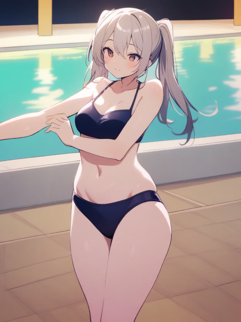  women's elementary students (male), twin tails, cute smiles, (rich s), low stature, dark blue swimwear, old swimwear, , simple, male crotch s, s who grow, swelling, swelling, (upward), male , , clear shaped , front, whole body, pool side,