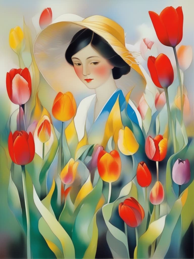  masterpiece,(a girl) metamorphose colorful tulips