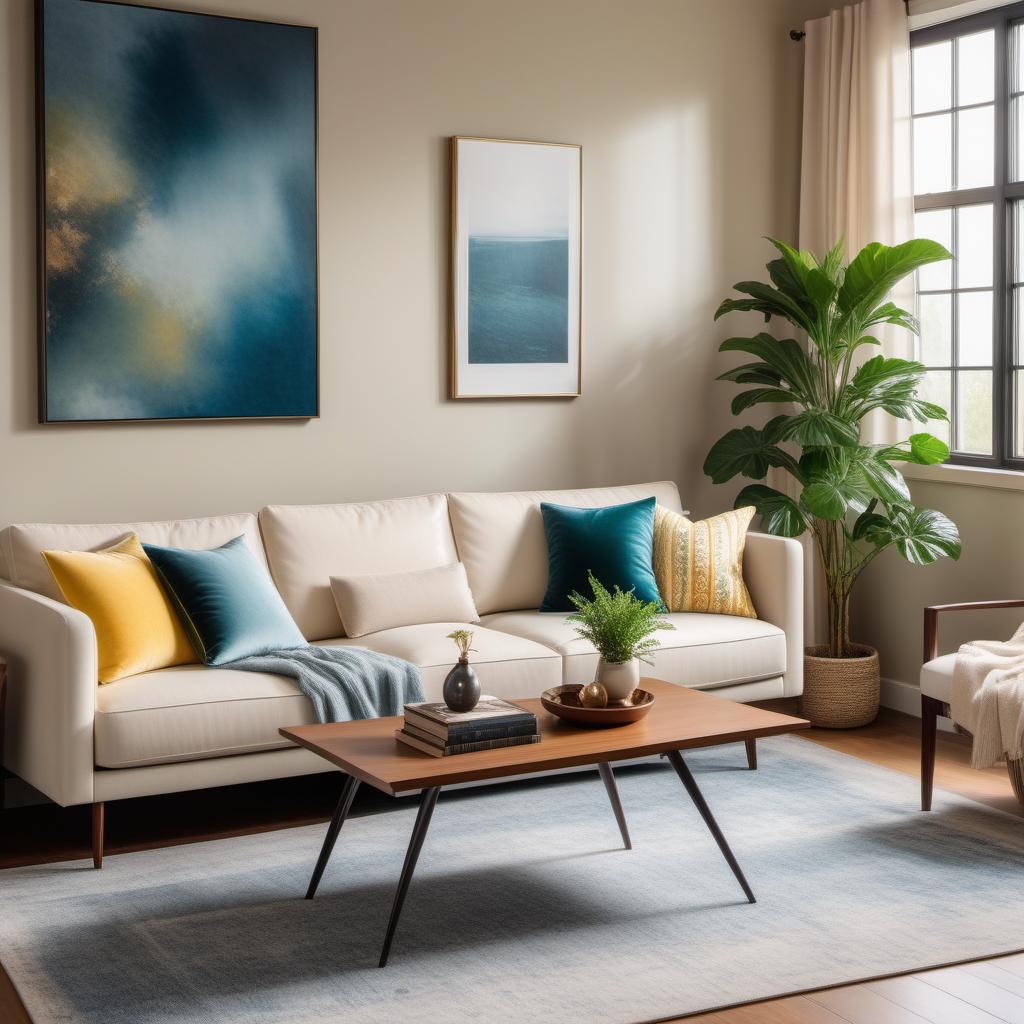  A cozy living room with warm beige walls and natural sunlight streaming through large windows with light, translucent curtains. The room features a comfortable beige sofa with colorful throw pillows in shades of blue, green, and yellow. A dark brown leather recliner is placed adjacent to the couch. In front of the sofa, there is a wooden coffee table with magazines and a small decorative plant. A stylish floor lamp with a soft white lampshade stands beside the sofa. Opposite the couch, a flat-screen TV is mounted on the wall with a sleek TV stand below, holding a few books and decorative items. The floor is covered with a plush, cream-colored area rug. Potted plants are strategically placed around the room, adding a touch of greenery. In th hyperrealistic, full body, detailed clothing, highly detailed, cinematic lighting, stunningly beautiful, intricate, sharp focus, f/1. 8, 85mm, (centered image composition), (professionally color graded), ((bright soft diffused light)), volumetric fog, trending on instagram, trending on tumblr, HDR 4K, 8K