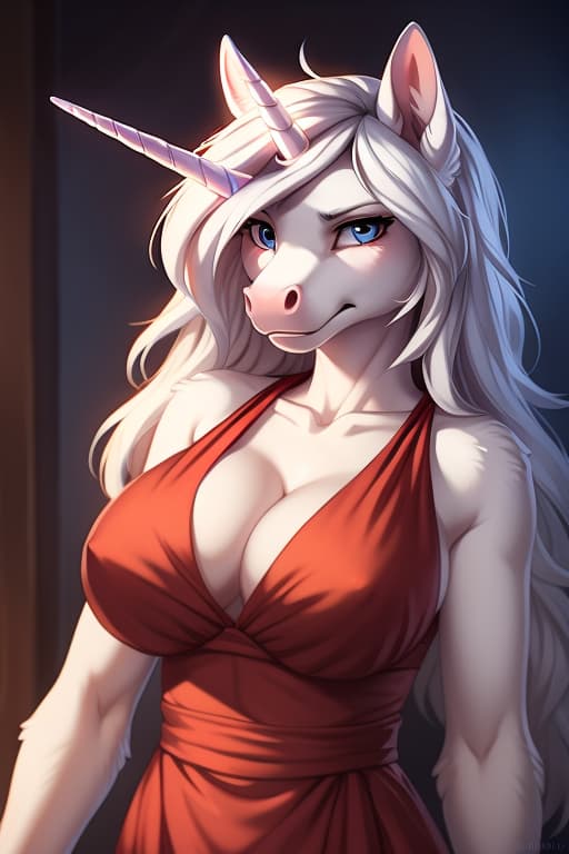  by hioshiru, by smileeeeee, A female unicorn, anthro, equine, horse, unicorn horn, open eyes, (blue eyes:0.6), grey eye, pink muzzle, white fur, white skin, mat style, red rob, clothed, clothing, (big breast), annoyed expression, red dress, beautiful dress, jewels,, open eyes, masterpiece, 4k, fine details,