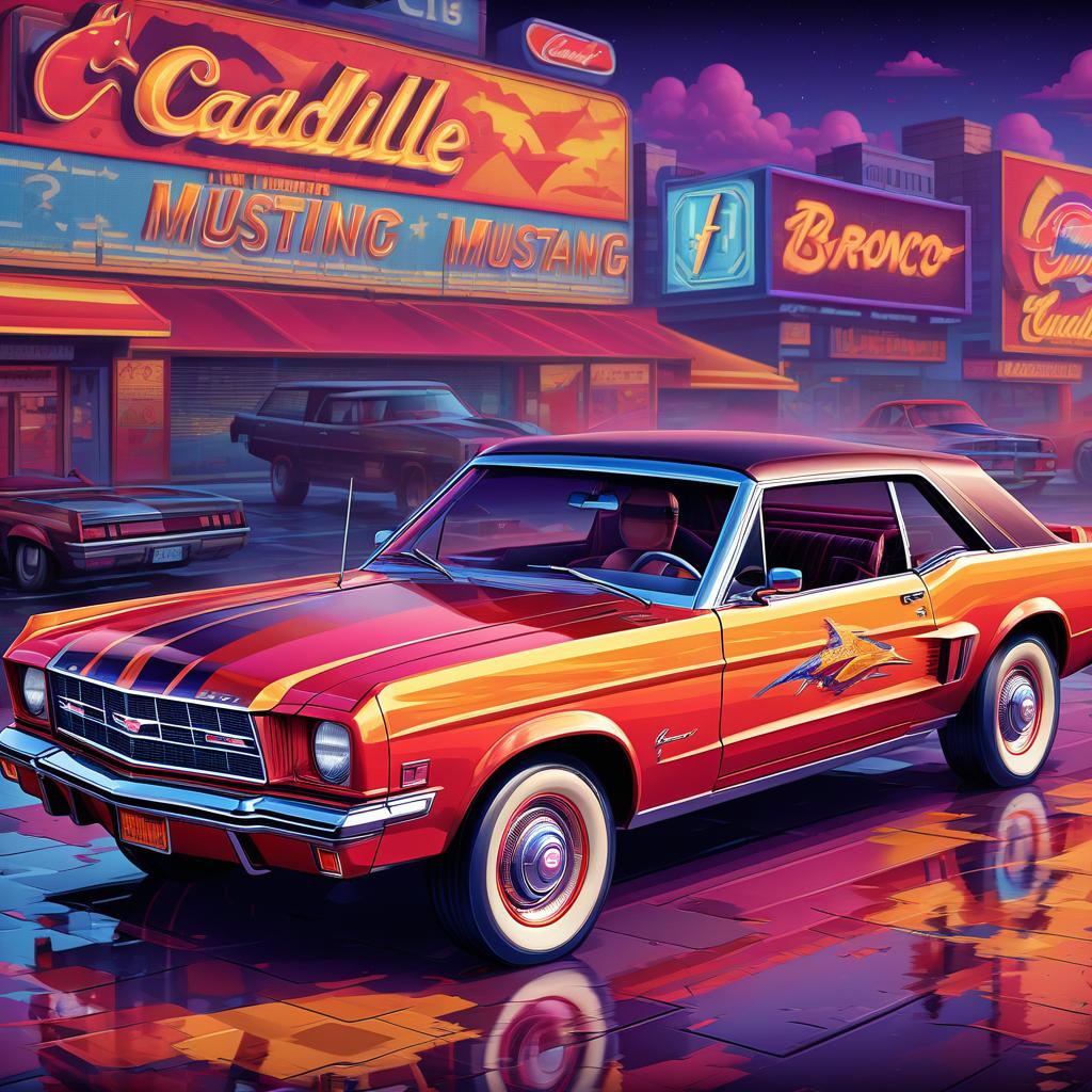  retro game art Изящный, брутальный cadillac mustang bronco . 16 bit, vibrant colors, pixelated, nostalgic, charming, fun