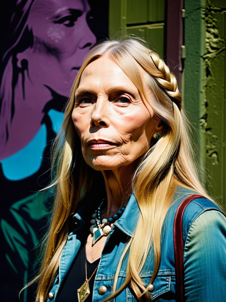  Country singer Joni Mitchell, medium shot, upper body, spotlight, long exposure lighting, street art style spray paint, glamour lighting