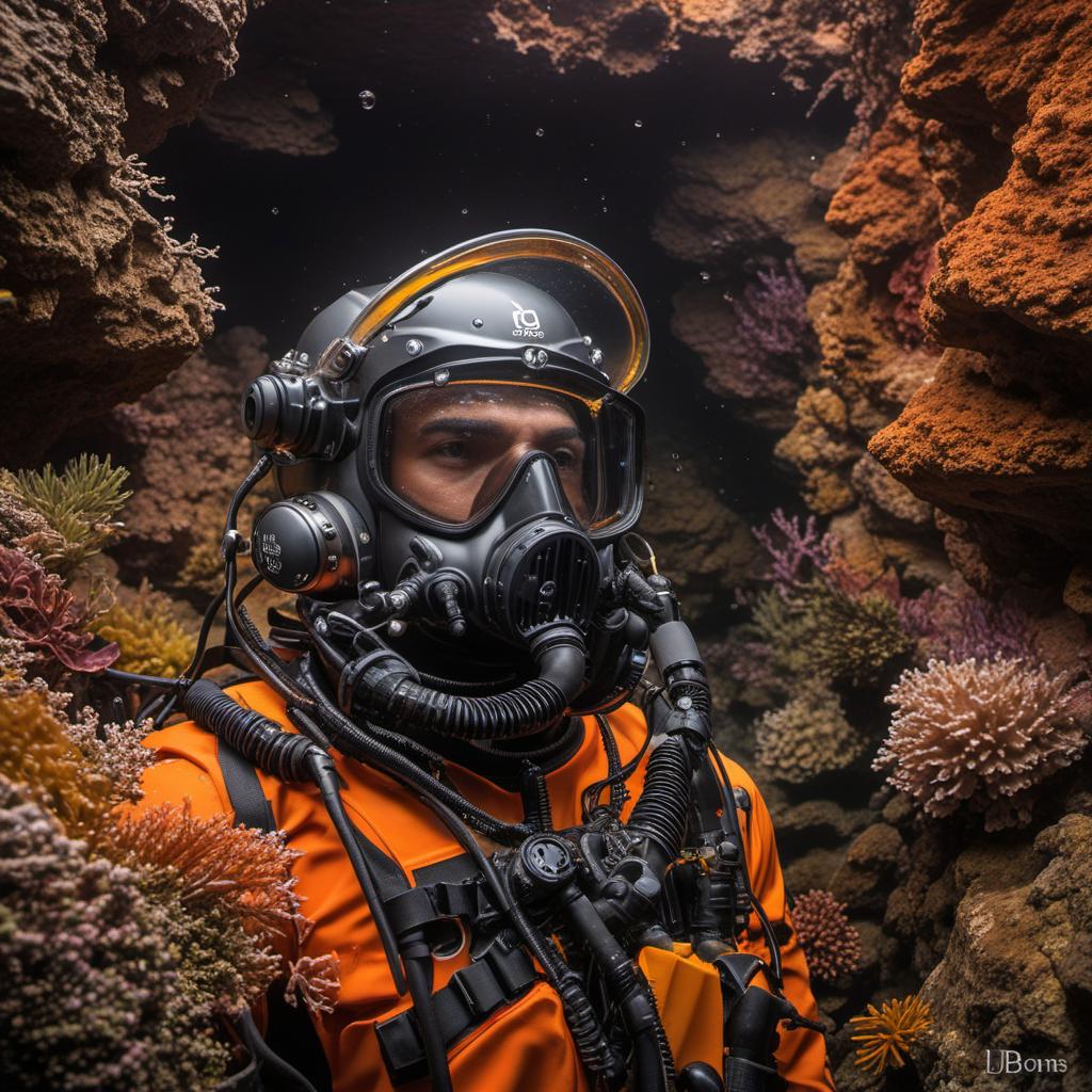  jb name, male, rebreather diver, thick loops, helmet in orange, cave diver, underwater, face view diver, fresh water, shoulder view, jb, mythological style