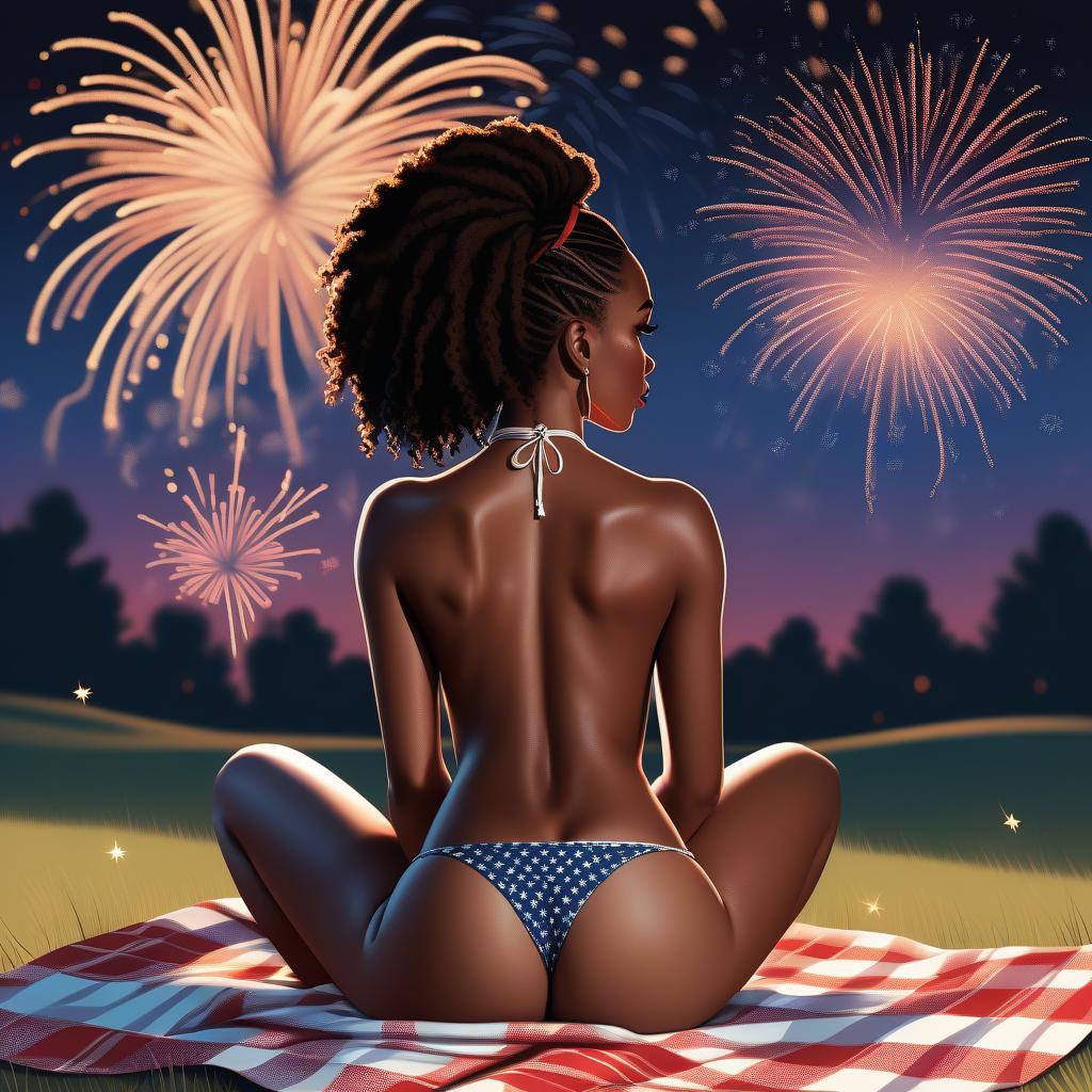  vector art, over the shoulder shot of a scantily dressed african woman in bikini sitting on picnic blanket watching fireworks, her shirt is falling off her shoulders