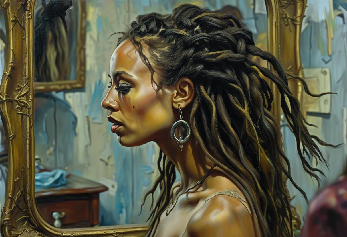  surrealist art a with dreadlocks in her hair looks in the mirror, a grown is reflected in the mirror, a side view, . dreamlike, mysterious, , symbolic, intricate, detailed, oil painting