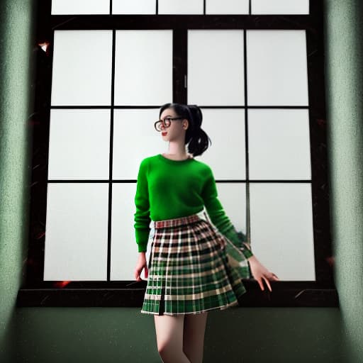 redshift style Woman in green sweater and checkered skirt posing for photo in front of window with hair in tail, MilaAzul, optical illusion, cute, color photography